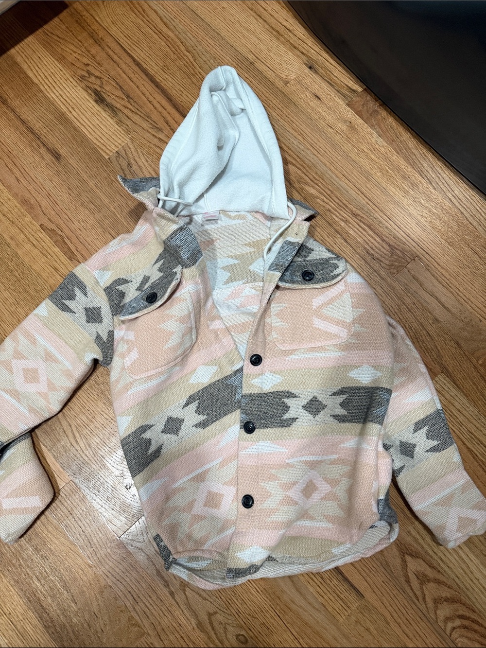 Hooded Aztec Print Jacket - Pink & Gray